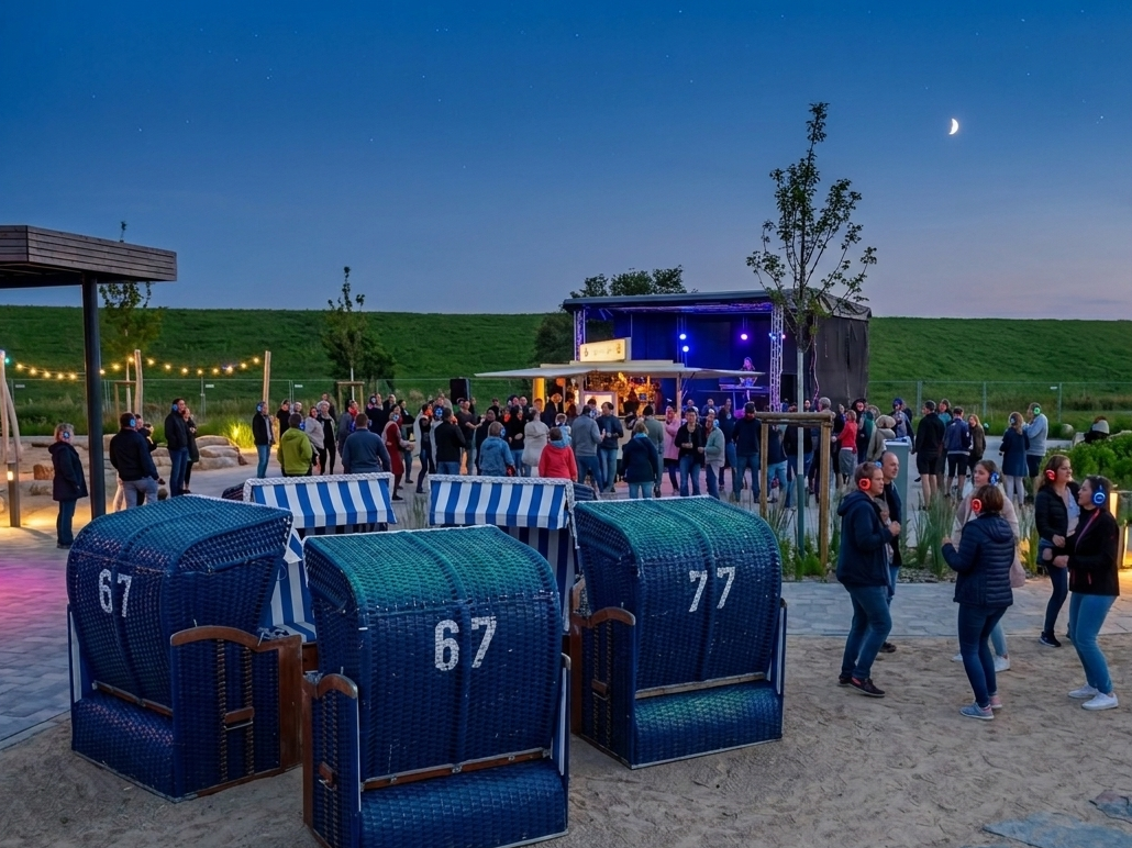 Viele Besucherinnen und Besucher tanzen zu Silent Disco mit Kopfhörern im Trischendiek Park - Foto ai genereated