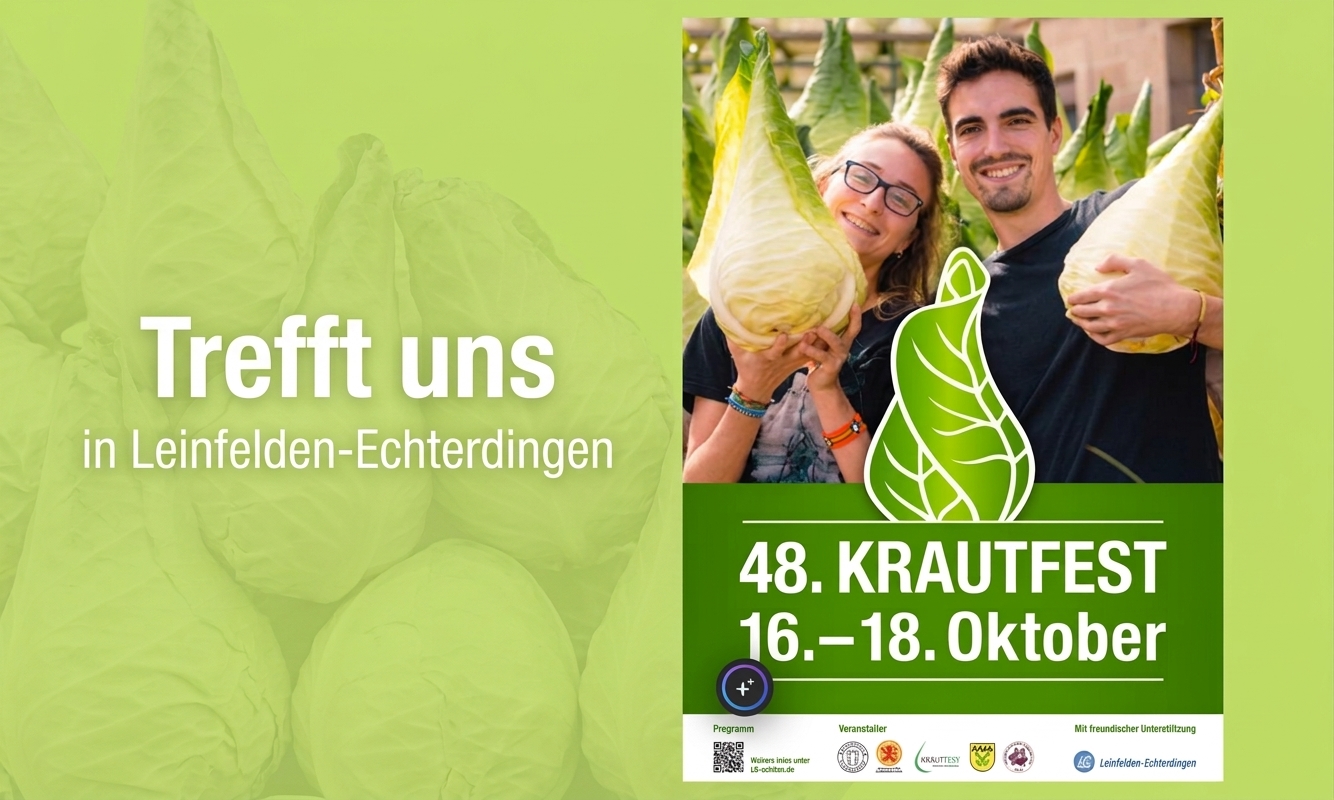 Ankündigung Trefft uns in Leinfelden-Echterdingen mit Plakat des 48. Filderkrautfestes