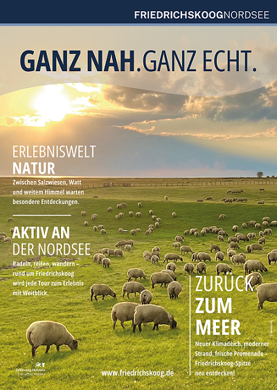 Titelbild des Urlaubsmagazins 2026 von Friedrcishkoog mit Schäfchen auf grüner Wiese und tollem Himmel und Wölkchen